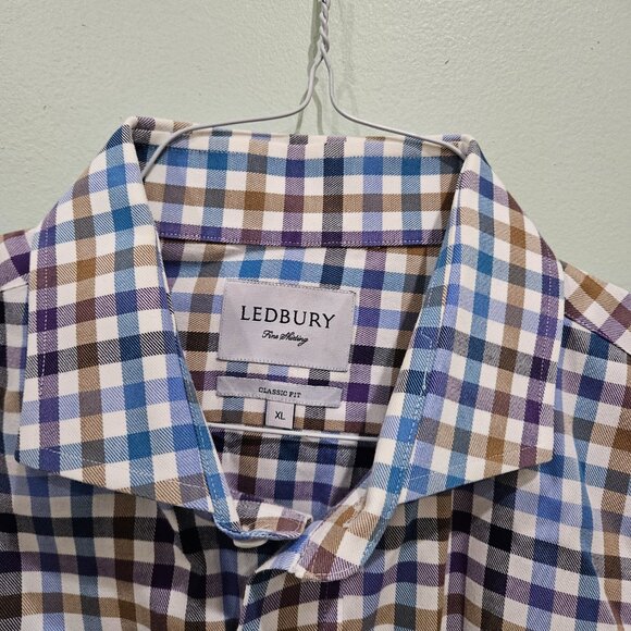 LEDBURY | 17" | Plaid Long Sleeve Men’s Blue and Tan Plaid Flannel Dress Shirt - Picture 2 of 2